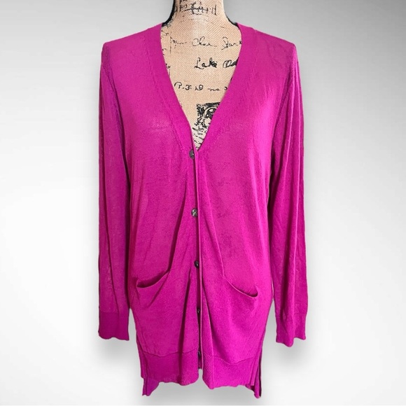 BETSEY'S BOUTIQUE SHOP Tissue Button Fuchsia Long Cardigan Med | NWOT - Picture 1 of 10